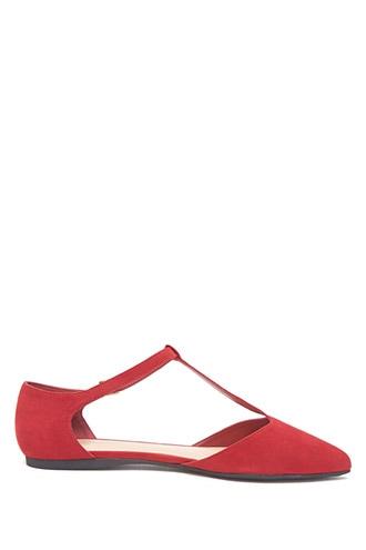 Forever21 Women's  Red Faux Suede T-strap Flats
