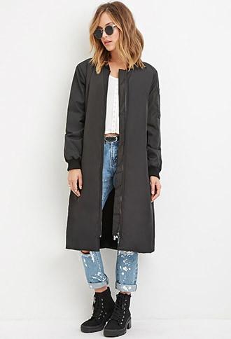 Forever21 Women's  Longline Bomber Jacket (black)