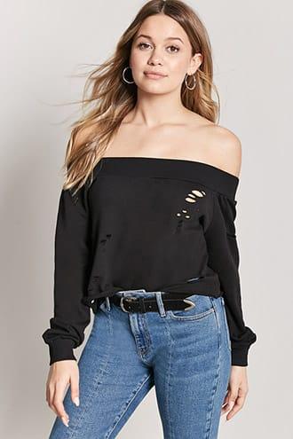 Forever21 Distressed Off-the-shoulder Sweatshirt