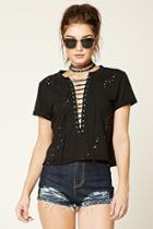 Forever21 Women's  Black Plunging Lace-up Top