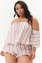 Forever21 Plus Size Multicolor Striped Linen-blend Off-the-shoulder Top & Shorts Set