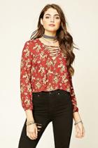 Forever21 Women's  Rust & Tan Floral Print Lace-up Blouse