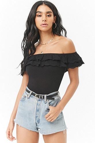 Forever21 Slub Knit Off-the-shoulder Flounce Lace-trim Top