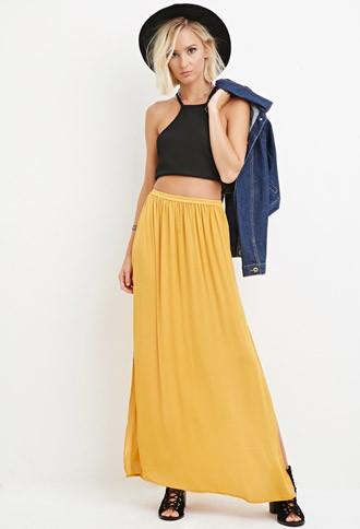 Forever21 Women's  Side-slit Satin Maxi Skirt (mustard)