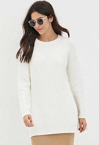 Forever21 Women's  Cream Dual Slit Woo-blend Sweater