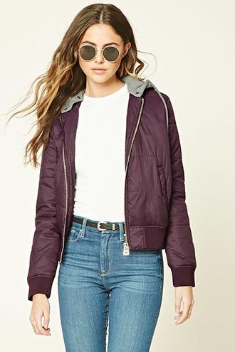 Forever21 Women's  Plum & Heather Grey Hooded Puffer Jacket