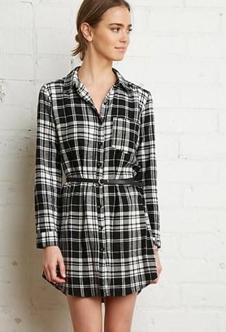 Forever21 Women's  Belted Plaid Shirt Dress (black/cream)