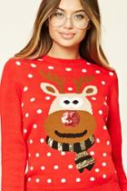 Forever21 Women's  Red & Cream Sequin Reindeer Sweater