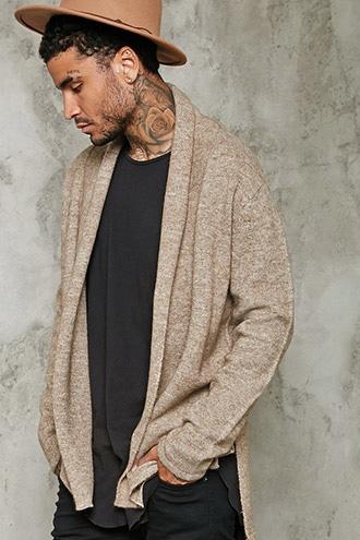 21 Men Men's  Taupe Shawl Collar Woolen Cardigan