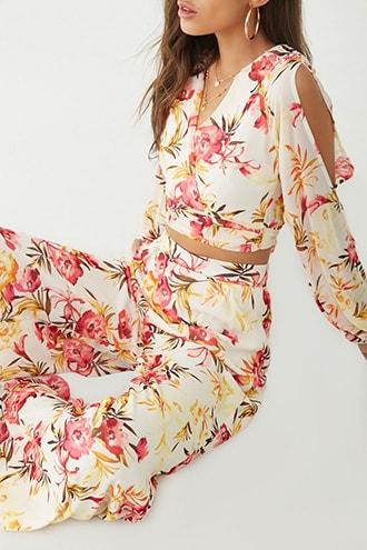 Forever21 Floral Split-sleeve Crop Top & Pant Set