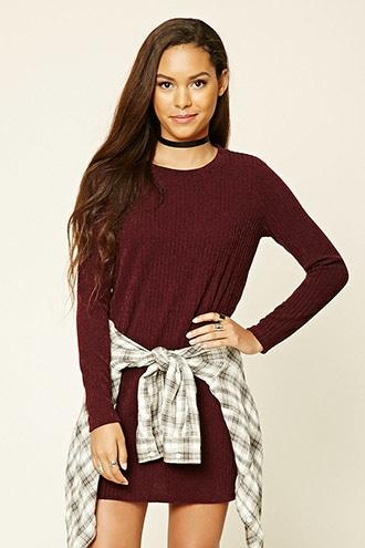 Forever21 Women's Burgundy Ribbed Knit Swing Dress