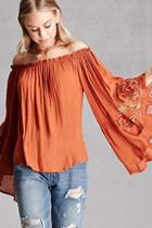 Forever21 Women's  Rust Embroidered Bell-sleeve Top