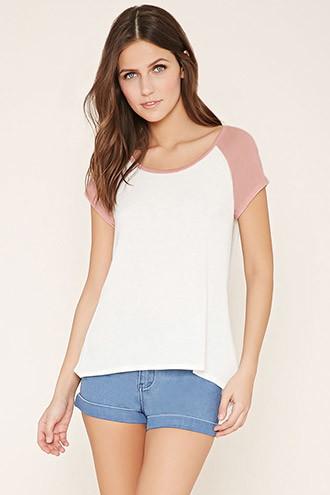 Forever21 Women's  White & Mauve Curved Hem Baseball Tee