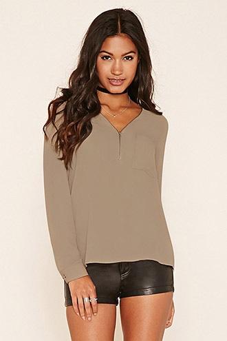Forever21 Women's  Camel Zip-front Chiffon Blouse