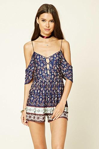 Forever21 Women's  Ornate Open-shoulder Romper