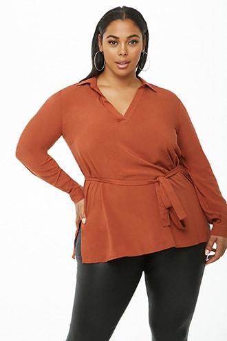 Forever21 Plus Size Belted Split-neck Top