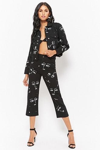 Forever21 The Style Club Embroidered Faces Capri Jeans