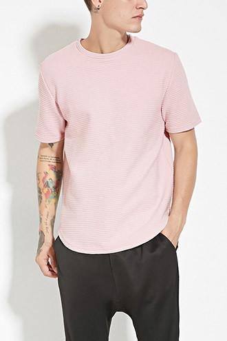 21 Men Men's  Pink Curved-hem Quilted Tee