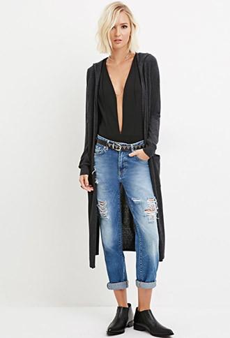 Forever21 Women's Hooded Longline Cardigan (charcoal)