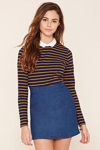 Forever21 Women's  Navy & Mustard Contrast Collar Striped Shirt