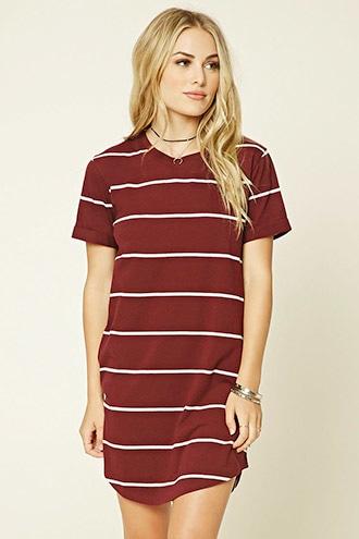 Forever21 Women's  Burgundy & Ivory Striped T-shirt Dress
