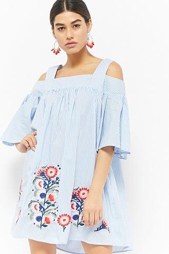 Forever21 Pinstripe Embroidered Open-shoulder Top