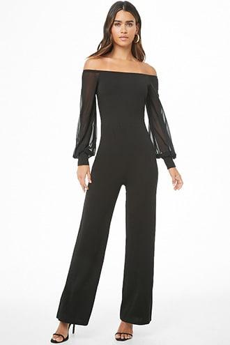 Forever21 Sheer-sleeve Off-the-shoulder Jumpsuit
