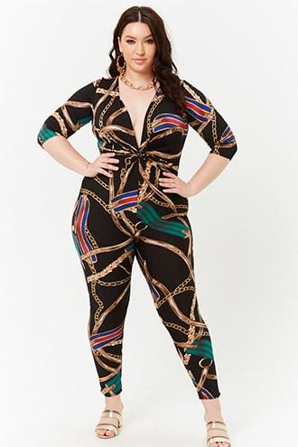 Forever21 Plus Size Chain Print Twist-front Jumpsuit
