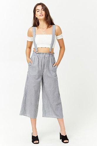 Forever21 Striped Linen-blend Culotte Overalls