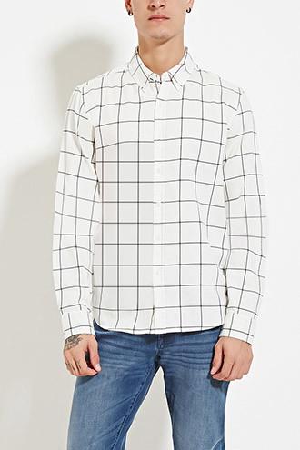 21 Men Men's  White & Black Grid-patterned Shirt