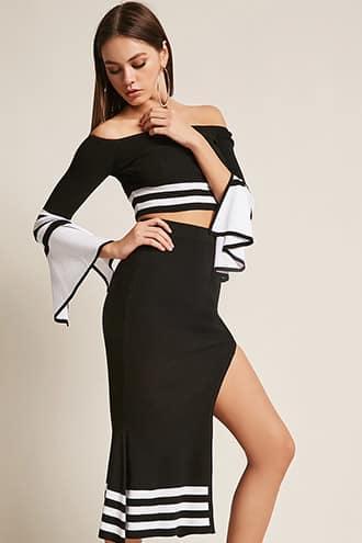 Forever21 Contrast Stripe Crop Top & Midi Skirt Set