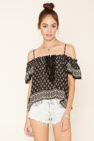 Forever21 Women's  Black & Cream Ornate Print Open-shoulder Top