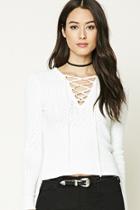 Forever21 Women's  Ivory Ribbed Knit Lace-up Sweater