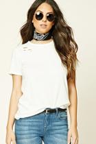 Forever21 Women's  Cream Distressed Raw-cut Tee