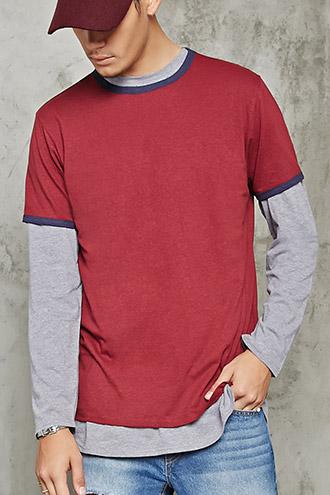 21 Men Men's  Burgundy & Navy Slub Knit Ringer Tee