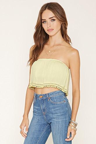 Forever21 Women's  Light Yellow Pom-trim Strapless Crop Top