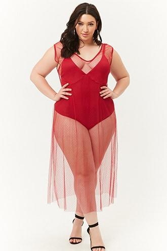 Forever21 Plus Size Dotted Mesh Dress & Bodysuit Set
