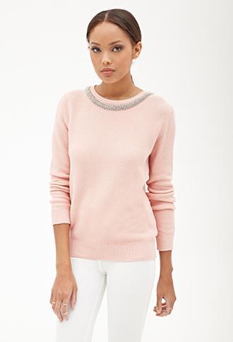 Forever21 Rhinestone Beaded Sweater Pink Small