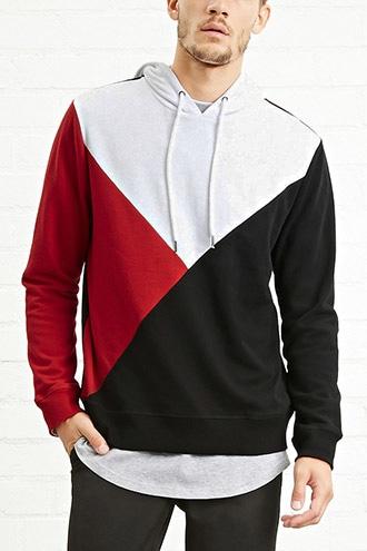 21 Men Men's  Black & White Colorblock Drawstring Hoodie