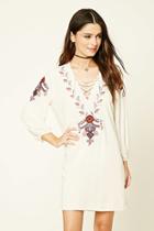 Forever21 Women's  Cream & Wine Embroidered Lace-up Dress