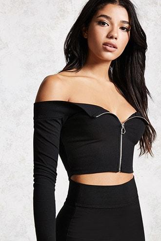 Forever21 Zip-front Off-the-shoulder Top