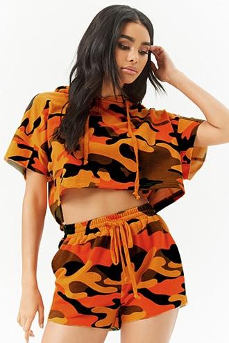 Forever21 French Terry Raw-cut Camo Crop Top & Shorts Set