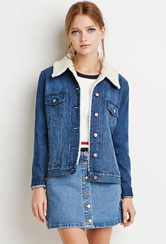Forever21 Women's  Faux Shearling Denim Jacket (dark Denim)