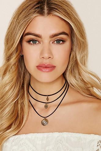 Forever21 Antique Gold & Black Faux Stone Necklace Set