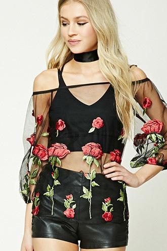 Forever21 Sheer Floral Open-shoulder Top