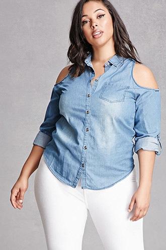 Forever21 Open-shoulder Chambray Shirt