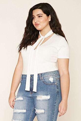 Forever21 Plus Women's  Ivory Plus Size Front Tie Bodysuit