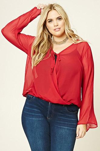 Forever21 Women's  Wine Plus Size Sheer Surplice Top
