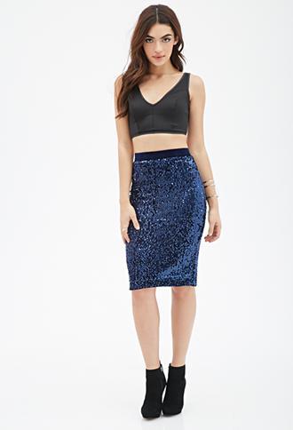 Forever21 Sequined Velveteen Pencil Skirt Navy Small