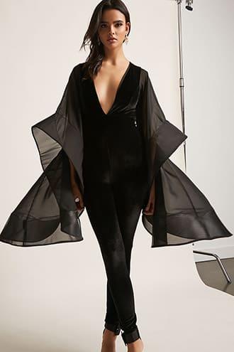 Forever21 Velvet Sheer Bell-sleeve Jumpsuit